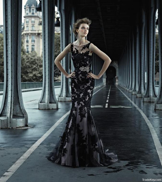 2013Long Cheap Black Lace Applique Formal See Through Evening Dress uk