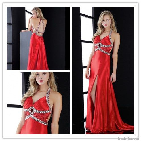 2013Cheap Unique Under 200 Halter Side Slit Beaded Red Prom Dress