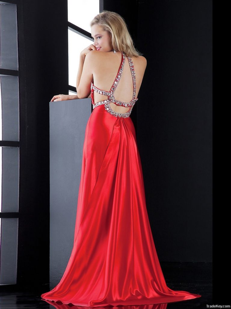 2013Cheap Unique Under 200 Halter Side Slit Beaded Red Prom Dress