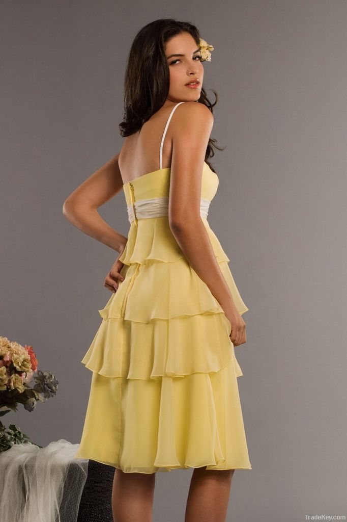 New Design Chiffon Yellow  With Sash Tiered Bridesmaid Dress