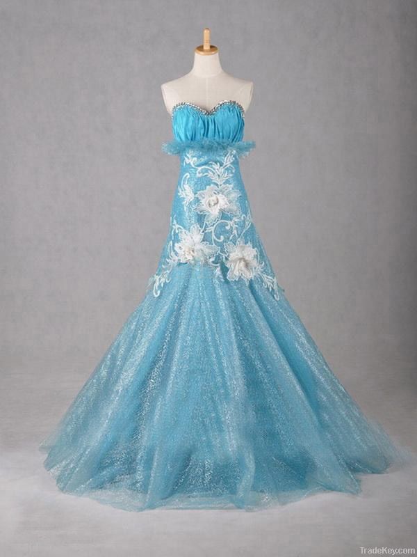 Hot Sale A Line Organza Embroidery Floor Length Blue Wedding Dress