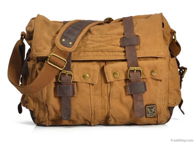 Canvas Messenger Bag/ Shoulder Bag/ IPAD Bag/ Washed Canvas Bag/ Leat