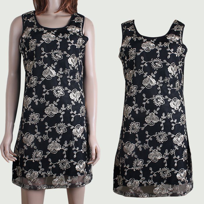 New fashion design Black flower embroidered lady dress