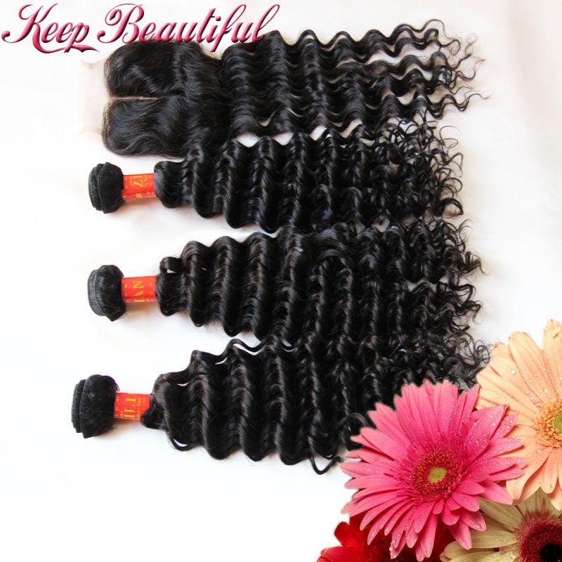 Unprocessed Deep Wave Peruvian Virgin Human Hair 4pcs Lot Middle Part Lace Closure With 3pcs Wefts, Bleached Knots