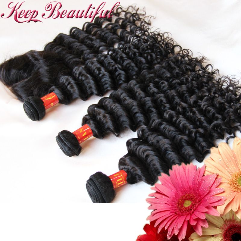 Unprocessed Deep Wave Peruvian Virgin Human Hair 4pcs Lot Middle Part Lace Closure With 3pcs Wefts, Bleached Knots