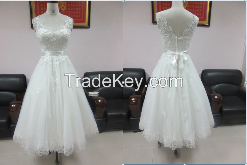 Hot sale Tea length lace Bridal dresses RE13156