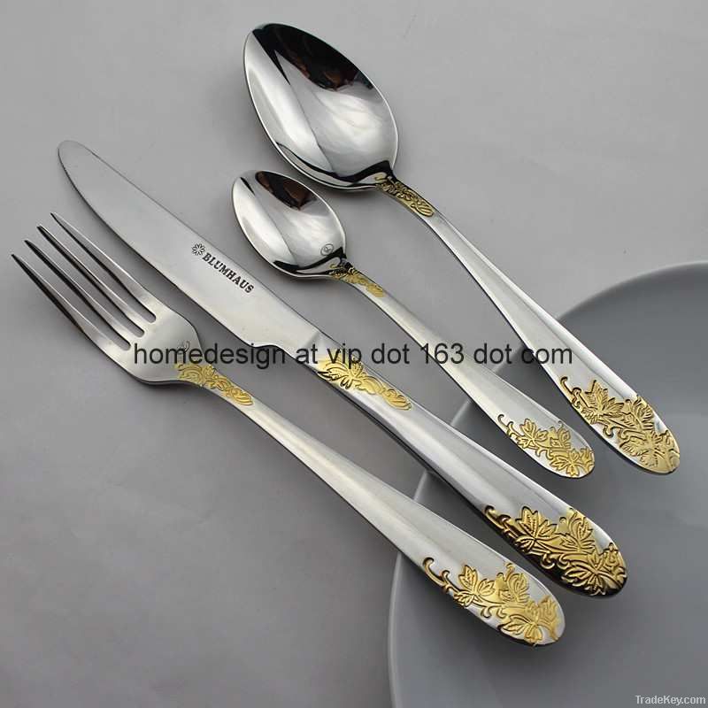 stainless steel 72pcs gold cutlery with wooden box packing