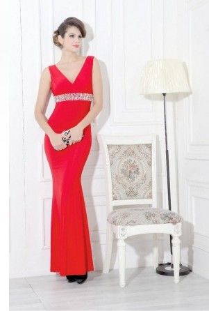 Sexy red silk chiffon jewel empire V-neck sleeveless floor-length mermaid dress