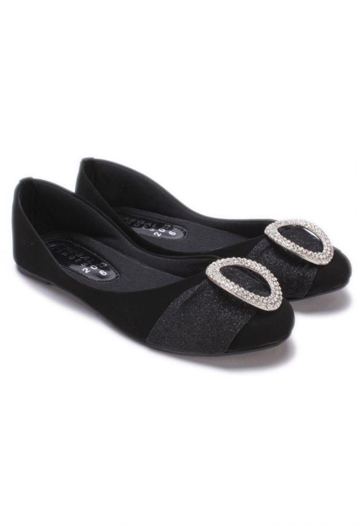 Ballerina Flats with Crystal Studded Oval Brooch on Silver Strap