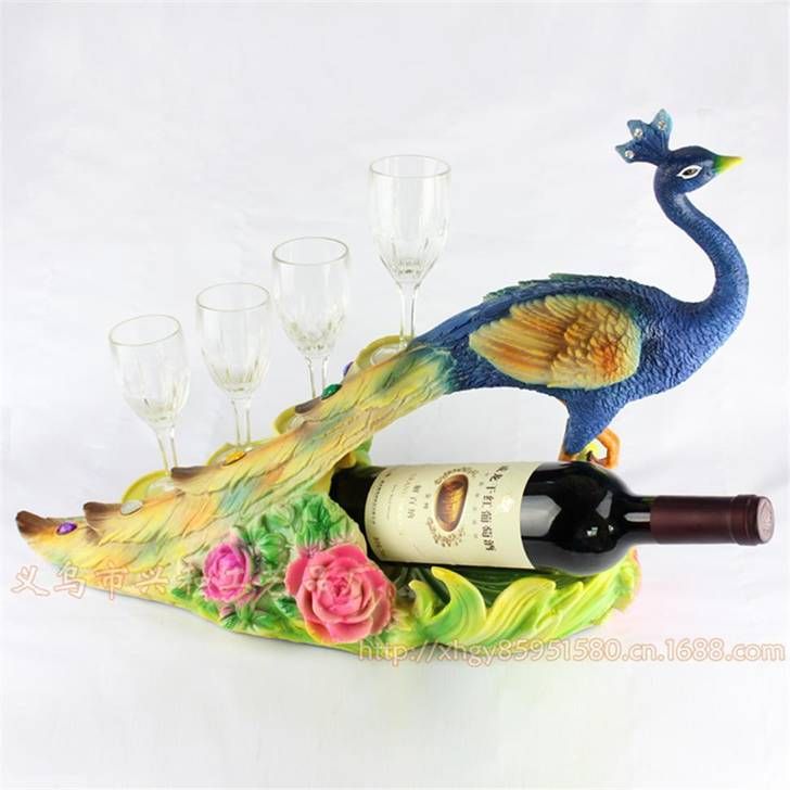 Resin Peacock Peafowl Crafts Wine Holder Shelf with Wine Glass for Home Decoration or as Gifts