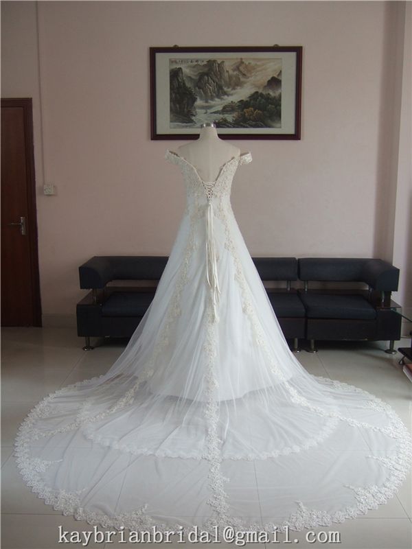 Lace tulle v neckline off-shoulder maternity cathedal wedding dress bridal gown