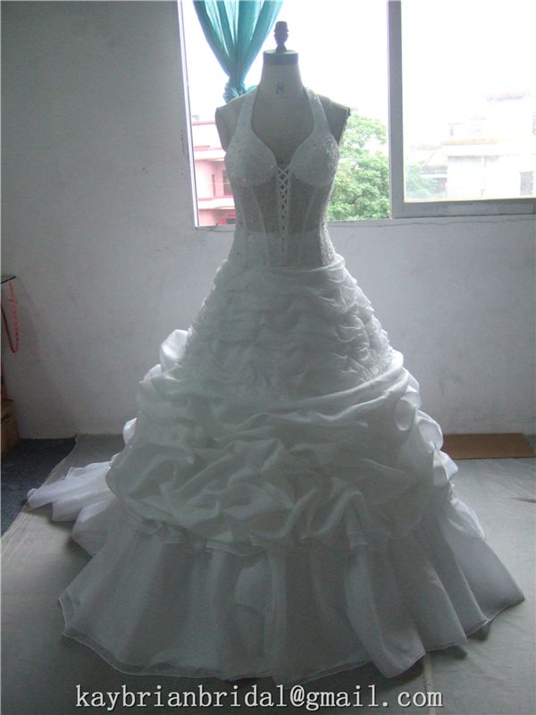 Lace bone bodice corset halter neck oganza wedding dress bridal gown wholesale factory in China