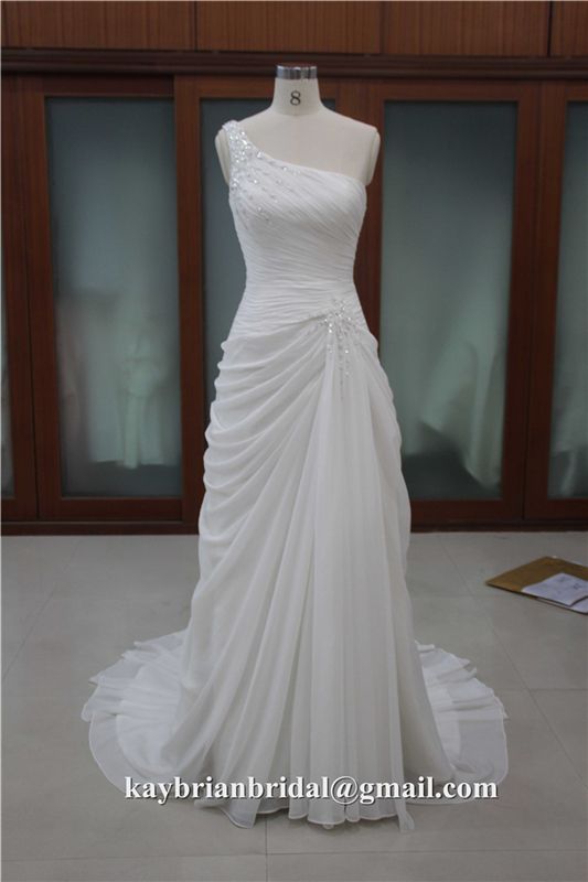 Elegant one shoulder chiffon pleating wedding dress bridal gown, court train, beach casual style, OEM factory