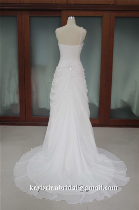 Elegant one shoulder chiffon pleating wedding dress bridal gown, court train, beach casual style, OEM factory