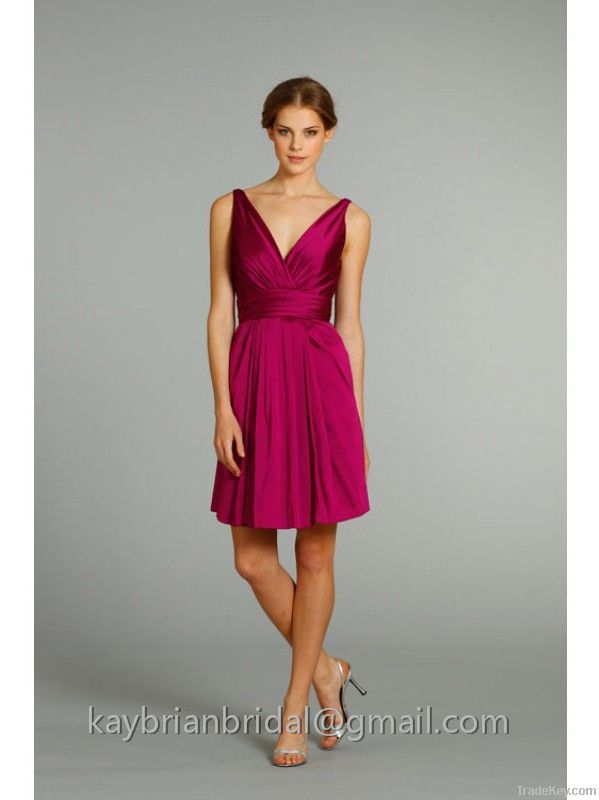 2014 new arrival a line knee length v neck pleated soft satin bridesmaid dress simple style wholesal