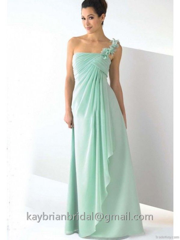 2014 new stunning simple floor length one shoulder flower embellished ruched chiffon bridesmaid dres
