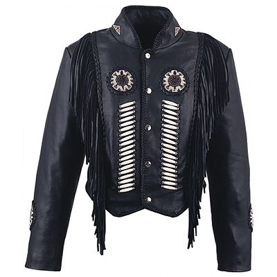 WOMEN LEATHER JACKET WESTERN STYLE BONE WORK BEADS FRINGES COAT