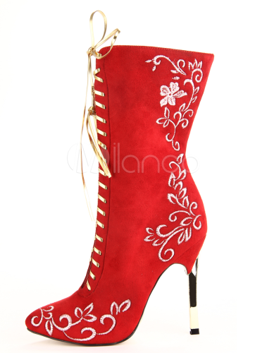 Attractive Red Pointed Toe Stiletto Heel Micro Suede Mid Calf Boots for Women