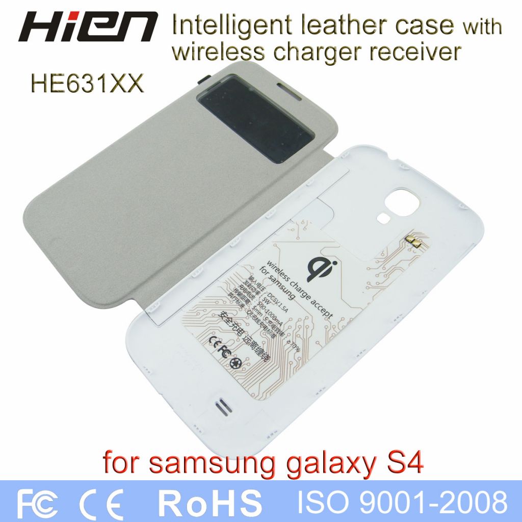Leather case with wireless inductive charger receiver for samsung galaxy s4