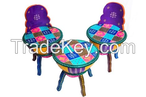 WOODEN  PAINTED  ROUND  STOOL WITH 2 ROUND CHAIR SET OF 3