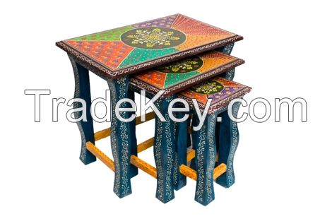 WOODEN PAINTED  NESTED STOOL SET OF 3