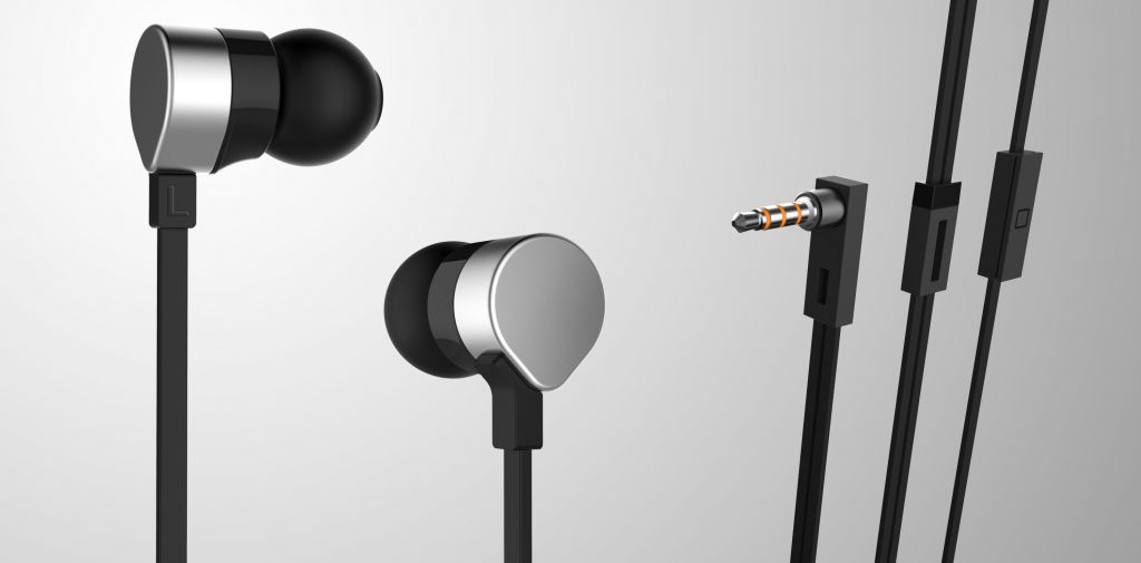 wired headset with metal earbud with tangle-free flat cable with mic handsfree