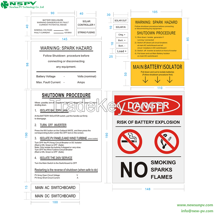 Engraved Solar Warning Labels ABS Adhesive Label Shutdown Procedure Sticker