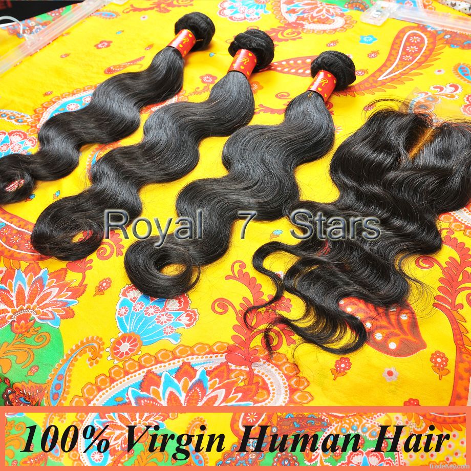Virgin Human Hair 4pcs/lot, BodywaveLace Closure With3 pcsHair Bundles