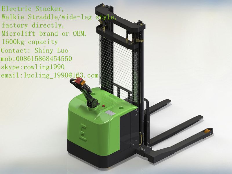 Walkie straddle/wide-leg Electric Stacker, 1400KG-1600KG capacity, Microlift brand or OEM, factory direclty, made in china