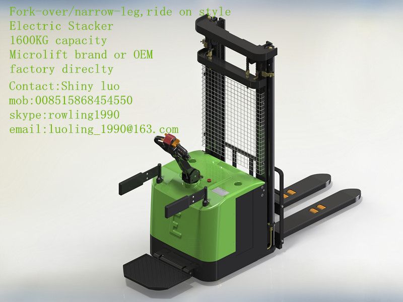 ride-on Fork-over/narrow-leg Electric Stacker, 1400KG-1600KG capacity, Microlift brand or OEM, factory direclty, made in china