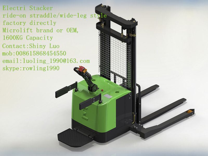 ride-on straddle/wide-leg Electric Stacker, 1400KG-1600KG capacity, Microlift brand or OEM, factory direclty, made in china