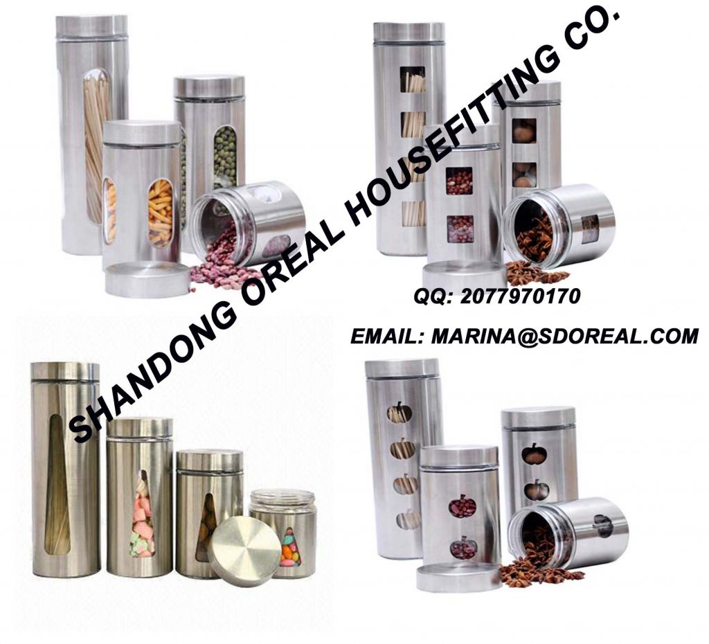 4pc Glass Canister Set w/ Window in Stainless