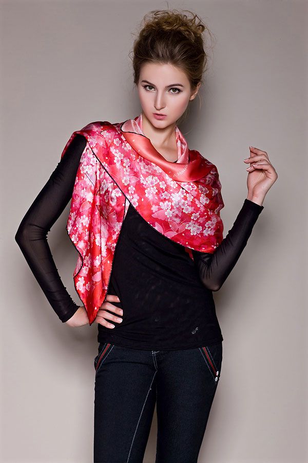 Fashion red flower silk women long scarf