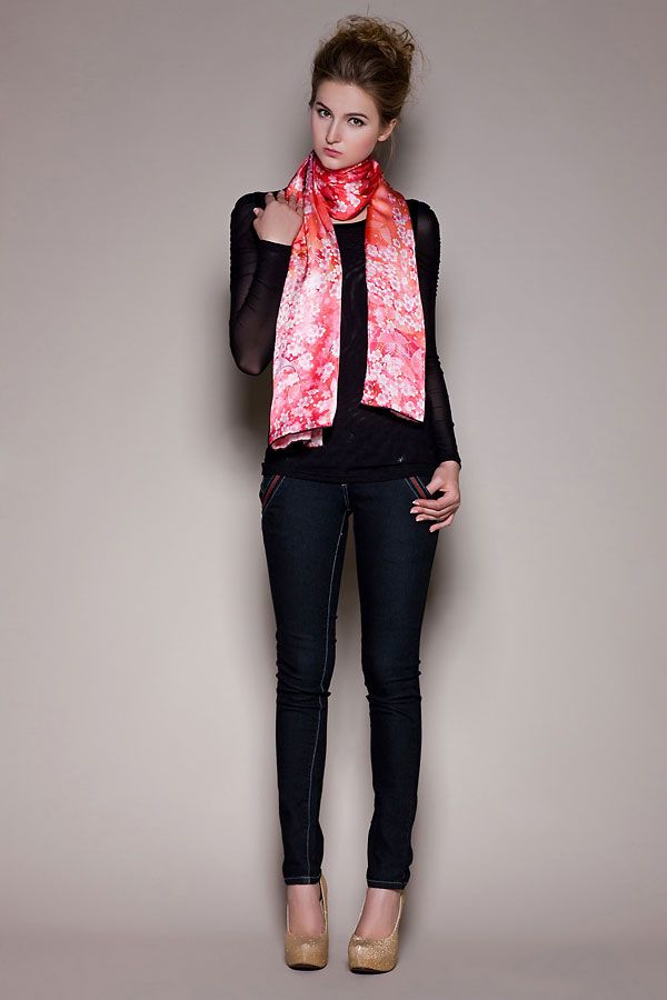 Fashion red flower silk women long scarf