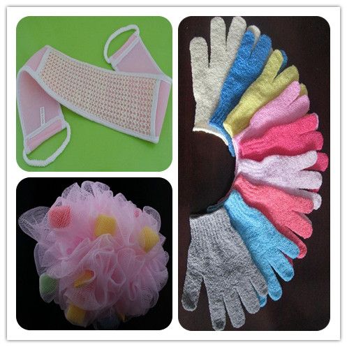 bath gloves, bath ball, back scrubber