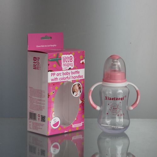 210ML PP arc baby bottle with colorful handles 