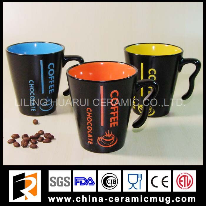10oz black color ceramic coffee mug with unique handle