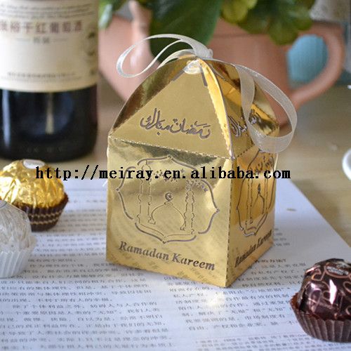 2014 Personalized Wedding Decoration 300 pieces/lot 250g Pearl Paper "Ramadan" Favor Box With Free Organza Ribbon