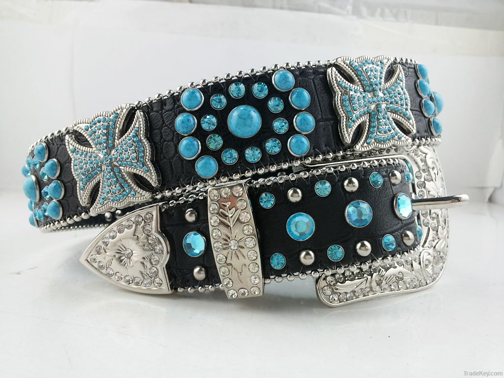 Cowgirl turquoise bling cowhide leather western belts mexico