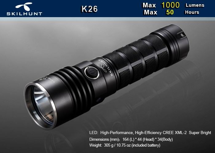 K26 1000 lumens 26650 rechargeable led flashlight
