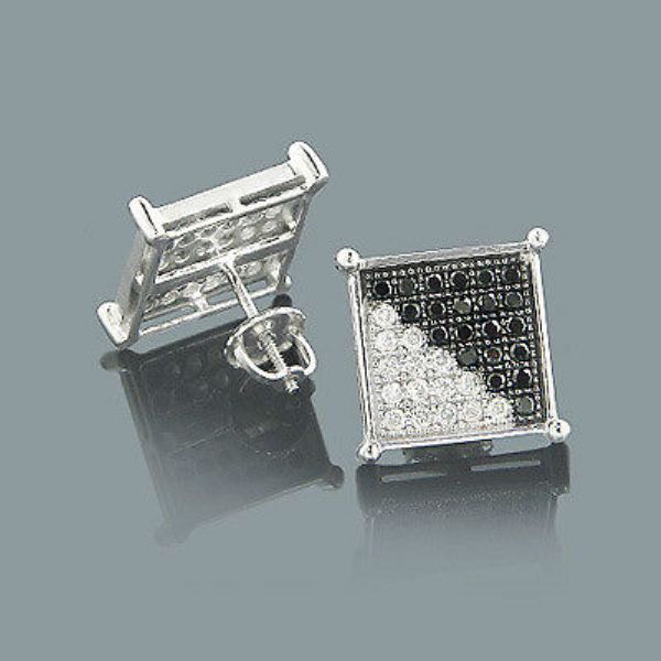 925 Sterling Silver Square Hiphop Black&White Rhodium plated Diamond Earrings