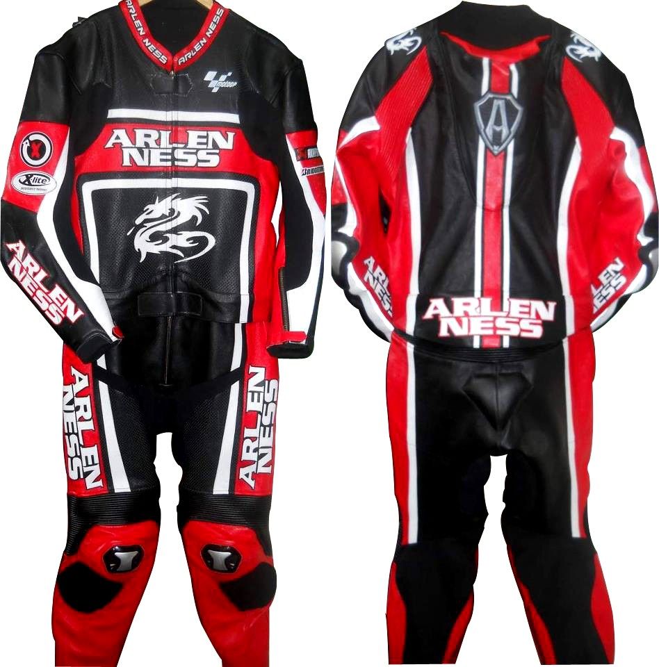 Red and Black Cowhide Leather Motorcycle Suit