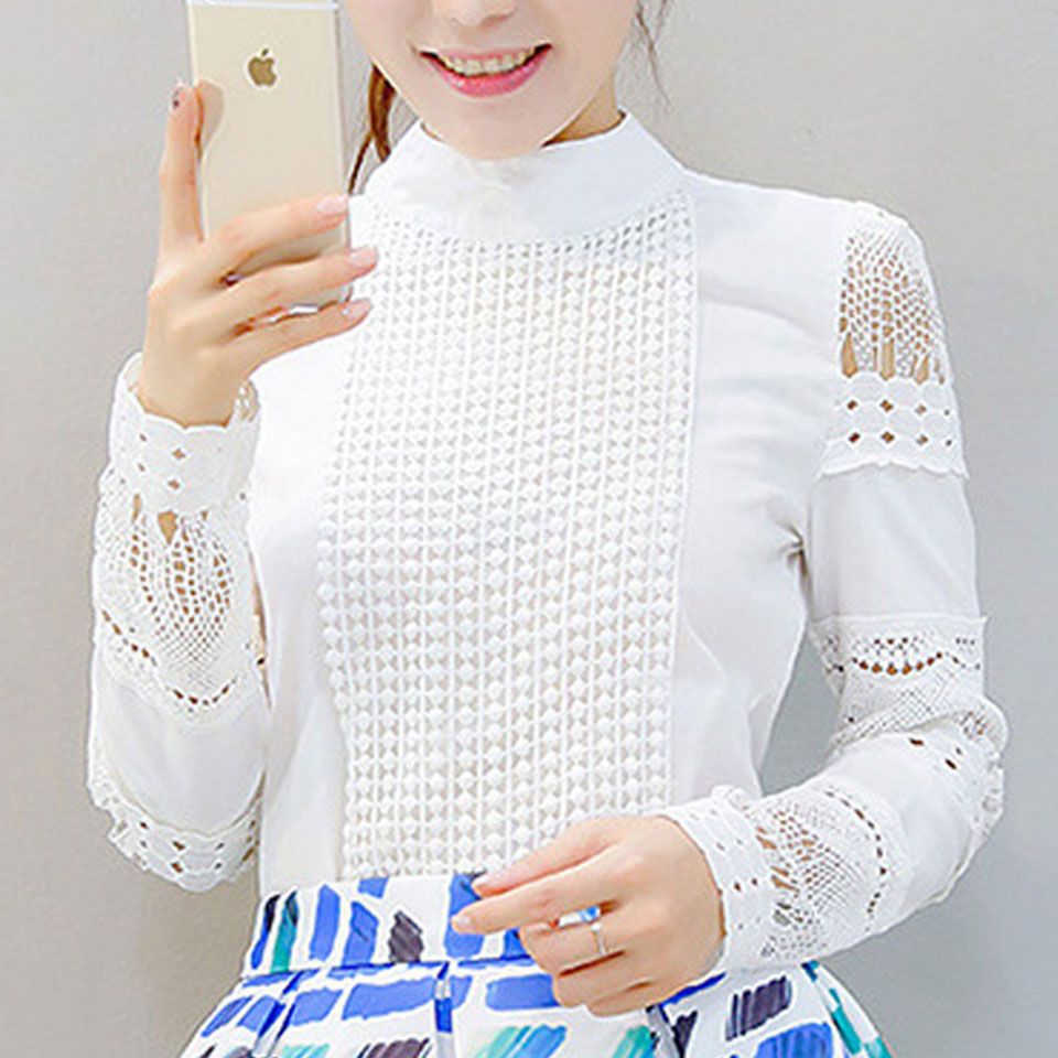 Korean version of the wild hollow lace shirt female Slim was thin tulle female long-sleeved shirt bottoming