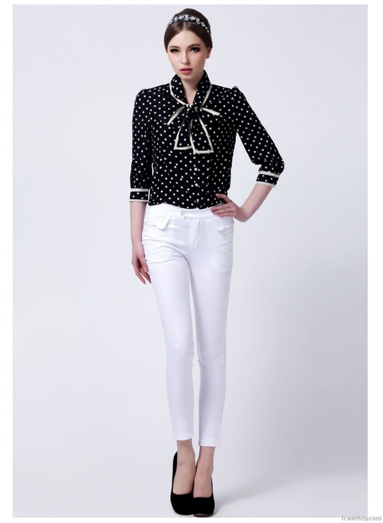 2014 new korean chiffon tops for women 3/4 sleeve shirt with dot print