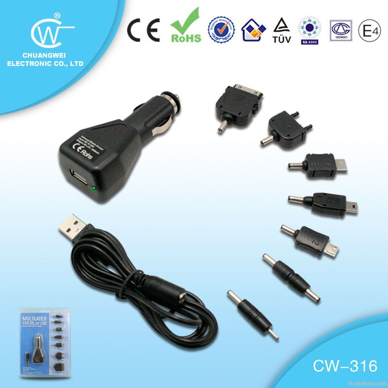 2.1A USB car charger with adaptors for all kinds of phones