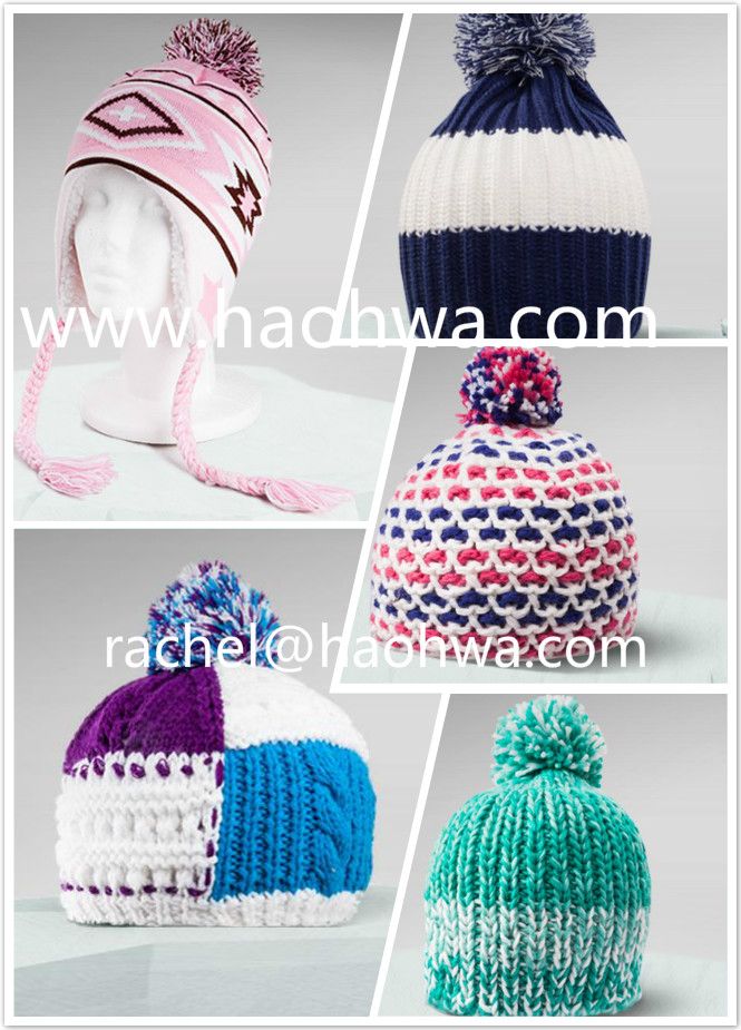 Winter knitted acrylic hat with pompoms