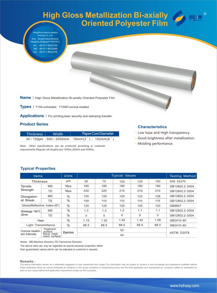 High Gloss Metallization BOPET