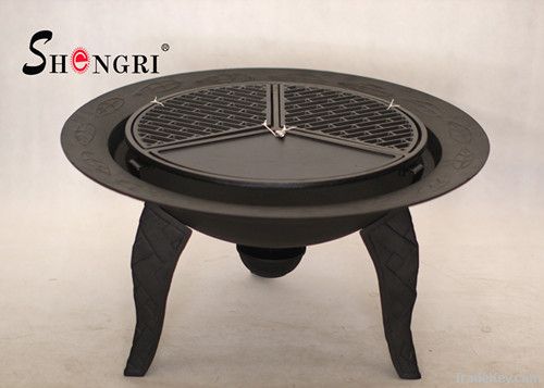 cast iron fire pit with pre-seasoned grill and mesh cover