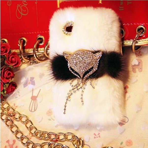 Luxry Rabbit-feather&Fox  Head&Crystal Fringes Phone Cover Case for IPHONE5/5S/4/4S