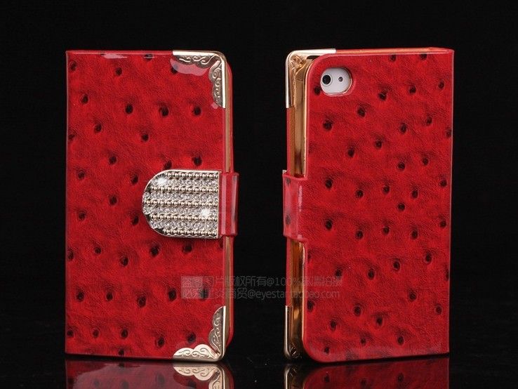 Luxury Ostrich Texture Leather Glitter Bling Case for IPHONE5/5S/4/4S